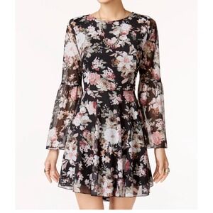 American Rag Cie Womens XS Floral Mesh High-Low Dress Bell Sleeve Black Pink